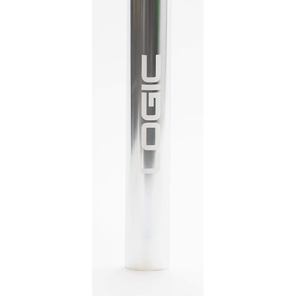 Close-up of a metal cylinder with "LOGIC" printed vertically in bold white letters on a reflective surface, highlighting the lightweight design of the Logic Axis V2 Aluminium Oversized IHC Stunt Scooter Bars in Chrome. The sleek 610mm x 610mm aluminium bars stand out against the plain white background.