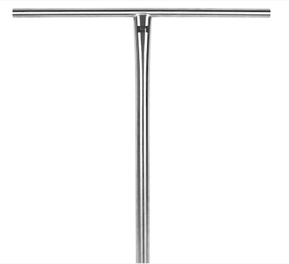 A Logic Apollo Titanium V2 oversized SCS stunt scooter bar by Logic, showcasing a T-shaped design and raw metallic finish. This lightweight titanium scooter bar measures 710mm in height and 635mm in width, featuring a vertical stem with a horizontal grip, all set against a plain white background.