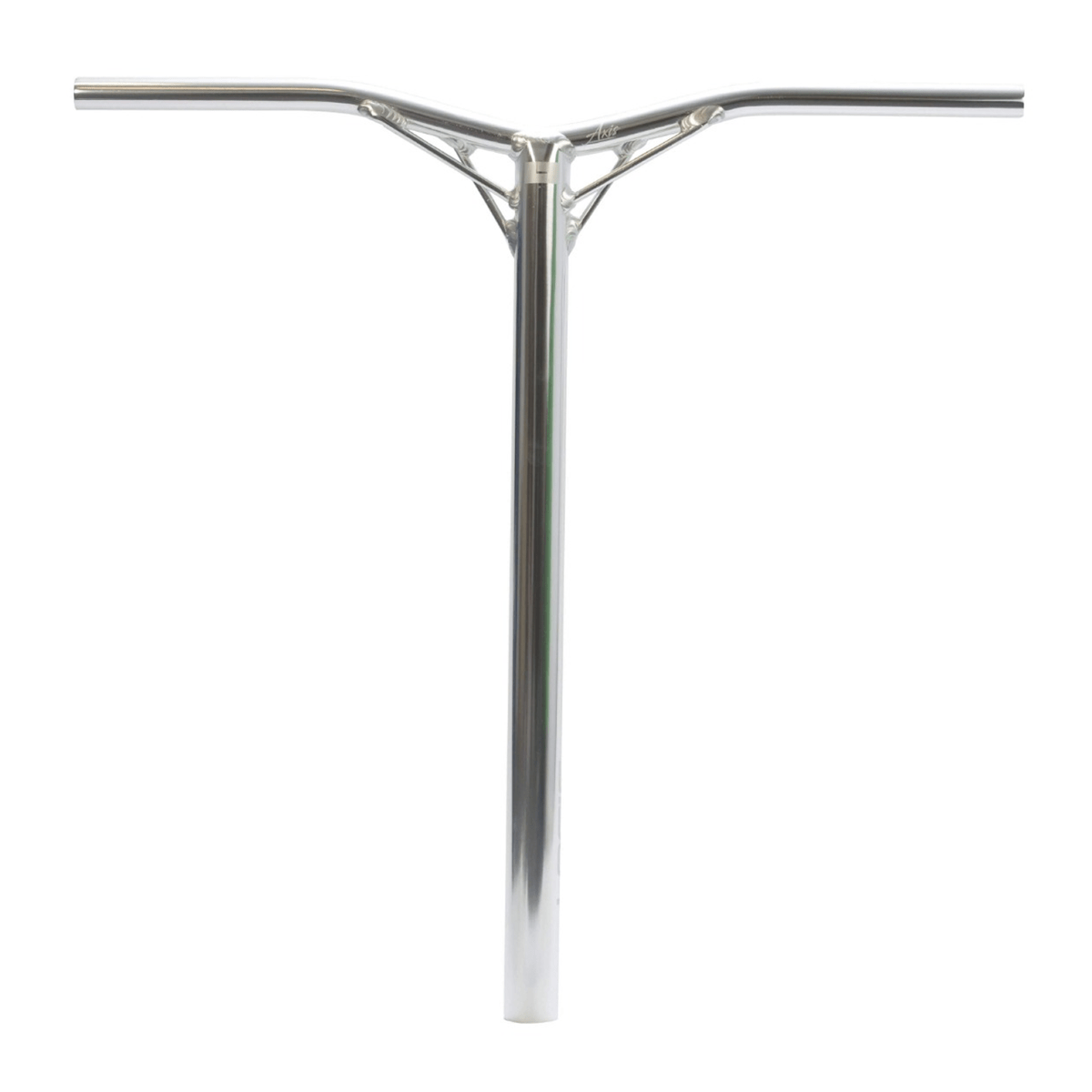 The Logic Axis V2 Aluminium Oversized IHC Stunt Scooter Bars, available in a chrome finish, showcase a sleek T-shaped design made from aluminium. These 610mm x 610mm handlebars are reinforced near the top crossbar, offering a lightweight and minimalist aesthetic that stands out against a plain white background.