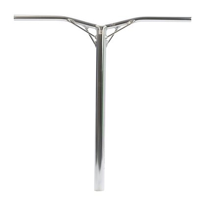 The Logic Axis V2 Aluminium Oversized IHC Stunt Scooter Bars, available in a chrome finish, showcase a sleek T-shaped design made from aluminium. These 610mm x 610mm handlebars are reinforced near the top crossbar, offering a lightweight and minimalist aesthetic that stands out against a plain white background.