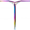 Introducing the Logic Axis Aluminium Oversized IHC Stunt Scooter Bars - Neochrome by Logic: a T-shaped scooter handlebar featuring a stunning neochrome finish with vibrant gradients of purple, blue, yellow, and pink on a sleek white background. Made from aluminium, these 610mm by 610mm bars offer both lightweight design and enhanced performance.