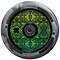 Close-up of the Lucky Lunar 110mm Stunt Scooter Wheel - Recoil, showcasing a green and black mandala pattern on its hub with intricate shapes and a small clover emblem. The outer gray part features the Lucky Rebound Technology™ branding—a perfect touch for sophisticated scooter builds.