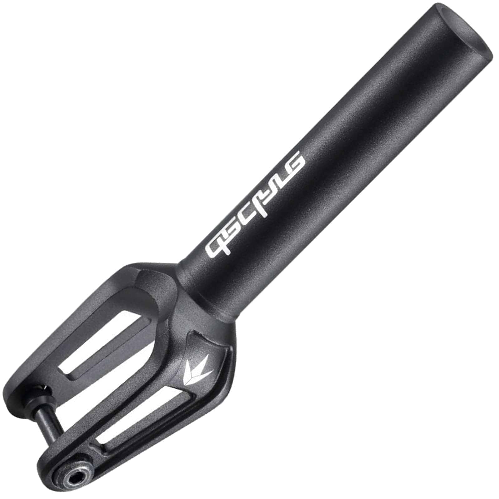 The Blunt Envy Declare V2 SCS/HIC Stunt Scooter Forks in black offer a sleek design with cut-out details and the brand logo on the side. Made from CNC aluminium, they come with wheel spacers and feature a cylindrical shape at the top for easy attachment to your scooter.