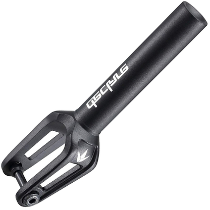 The Blunt Envy Declare V2 SCS/HIC Stunt Scooter Forks in black offer a sleek design with cut-out details and the brand logo on the side. Made from CNC aluminium, they come with wheel spacers and feature a cylindrical shape at the top for easy attachment to your scooter.