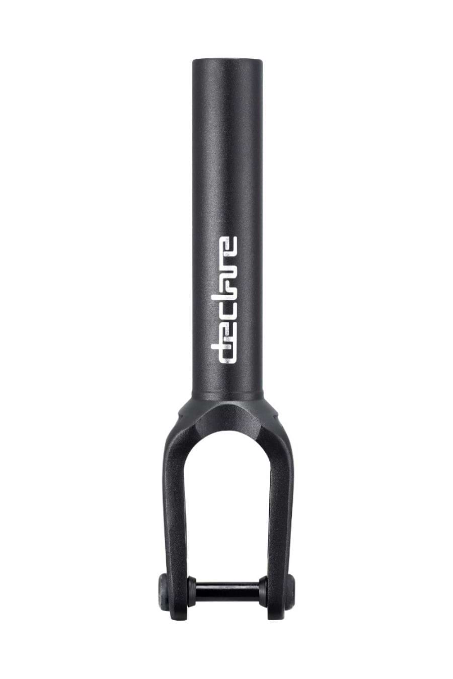 Close-up of a Blunt Envy Declare V2 SCS/HIC stunt scooter fork, featuring the brand "Blunt Envy" in white text on the tube. Made from CNC aluminium, this black fork has a sleek matte finish and two prongs at the bottom for attaching wheels and wheel spacers, complete with a bolt. The background is plain white.