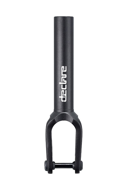 Close-up of a Blunt Envy Declare V2 SCS/HIC stunt scooter fork, featuring the brand "Blunt Envy" in white text on the tube. Made from CNC aluminium, this black fork has a sleek matte finish and two prongs at the bottom for attaching wheels and wheel spacers, complete with a bolt. The background is plain white.