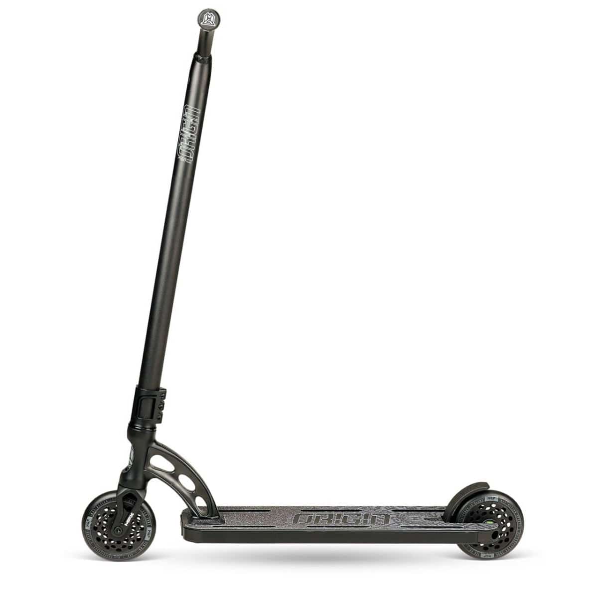 Introducing the Madd Gear MGP VX Origin II Extreme Complete Stunt Scooter in Black, a sleek ride designed for advanced riders. This high-quality scooter features a sturdy frame, two wheels, and a handlebar. Its deck offers a textured grip surface, embodying a minimalist and modern design perfect for thrill-seekers.