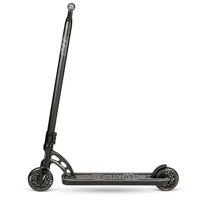 Introducing the Madd Gear MGP VX Origin II Extreme Complete Stunt Scooter in Black, a sleek ride designed for advanced riders. This high-quality scooter features a sturdy frame, two wheels, and a handlebar. Its deck offers a textured grip surface, embodying a minimalist and modern design perfect for thrill-seekers.