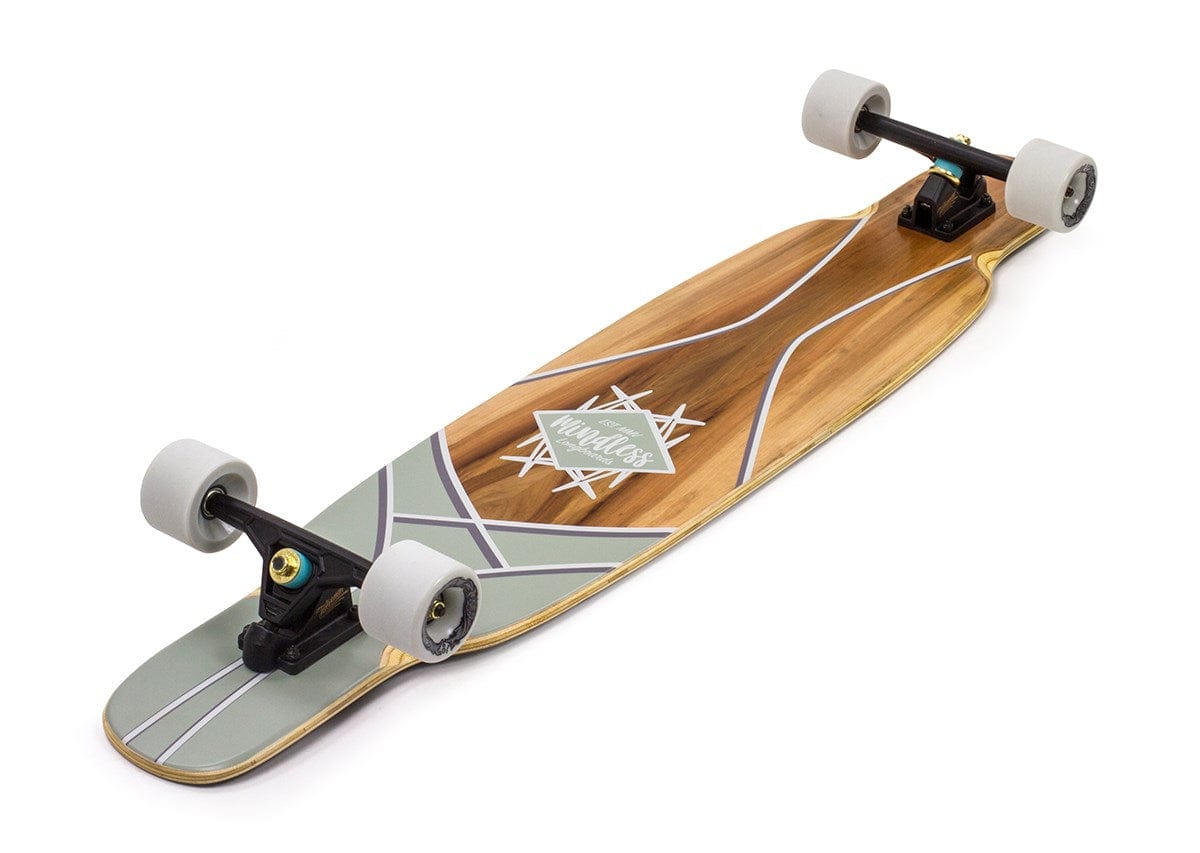 The Mindless Core Dancer Red Gum Complete Longboard exhibits a stylish wooden finish with a gray geometric design on the deck, making it perfect for all-around performance. It is equipped with white wheels and sturdy black trucks to ensure a smooth ride.