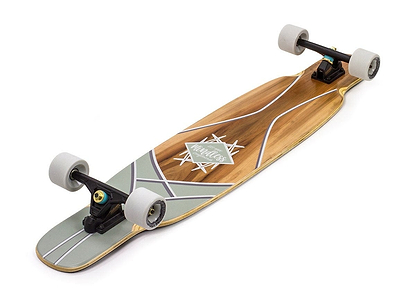 The Mindless Core Dancer Red Gum Complete Longboard exhibits a stylish wooden finish with a gray geometric design on the deck, making it perfect for all-around performance. It is equipped with white wheels and sturdy black trucks to ensure a smooth ride.