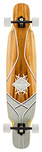 The Mindless Core Dancer Red Gum Complete Longboard, measuring 44.5" x 9.25", showcases a wooden deck adorned with a geometric graphic design in gray and white, featuring the word "Mindless" in a stylized font. Ideal for all-round riders, it is equipped with white wheels and black trucks.