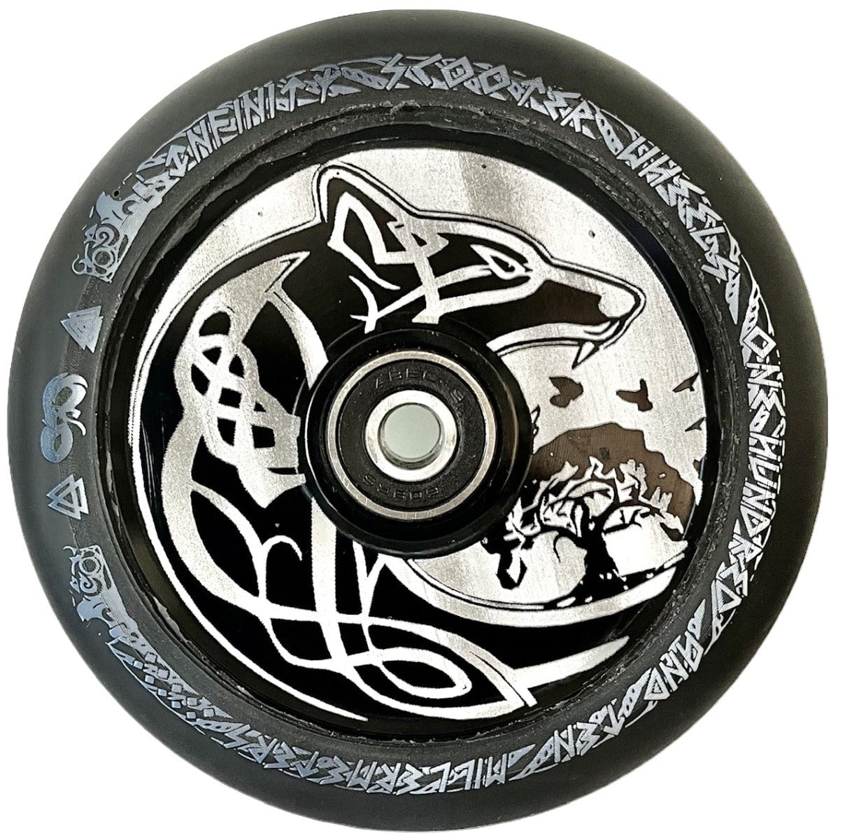 The Infinity Viking 110mm Hollowcore Stunt Scooter Wheel from Infinity showcases intricate black and silver artwork, featuring a stylized wolf, Celtic knots, and trees on a lightweight core with high rebound PU. The wheel's outer edge is embellished with laser-etched runic patterns.