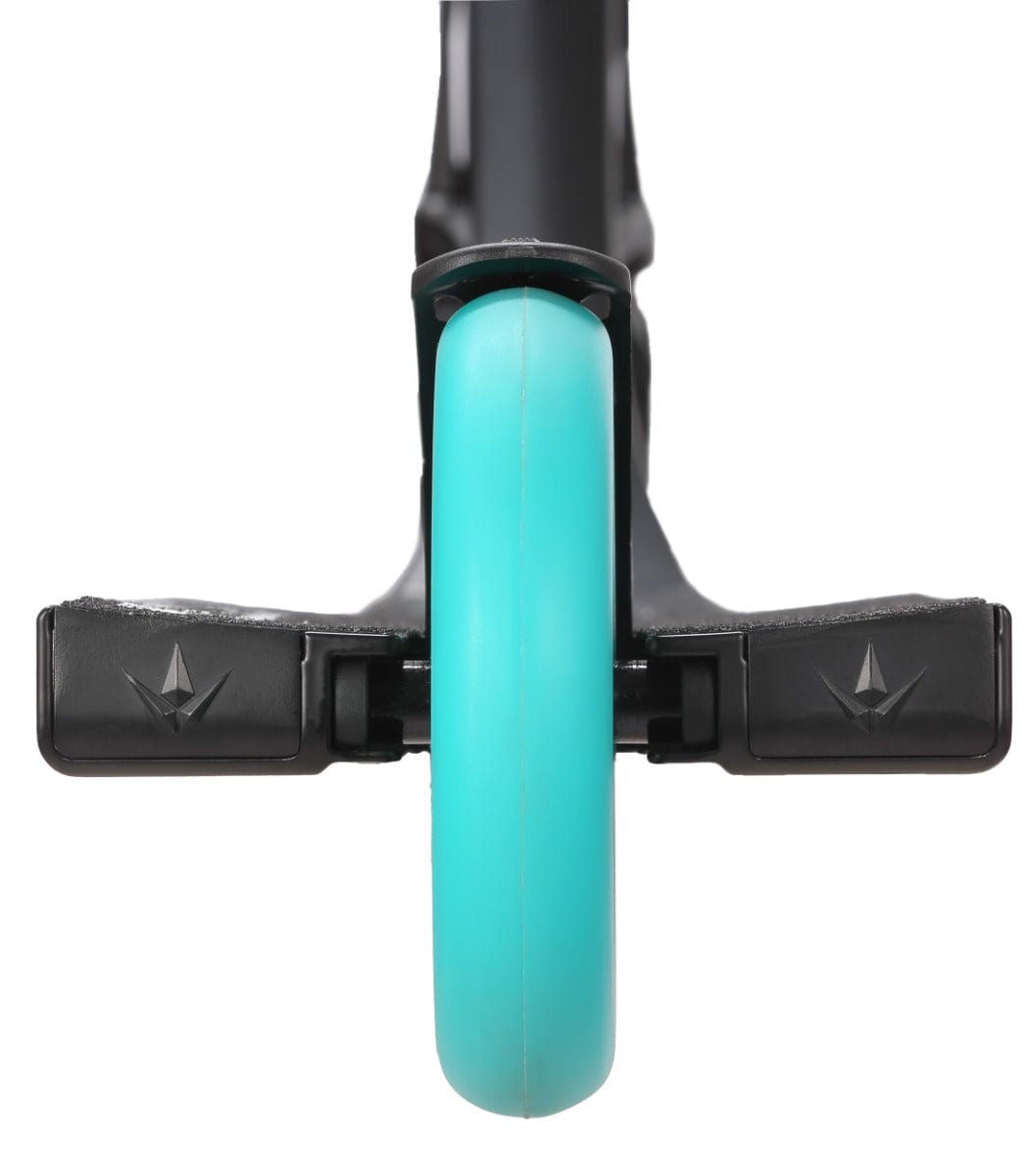 Close-up of the Blunt Envy Prodigy X Street Edition Complete Stunt Scooter from behind, featuring a turquoise wheel and black foot brake with logo markings, enhanced by Extech extrusion. The focus is on the wheel's vibrant color and sleek design.