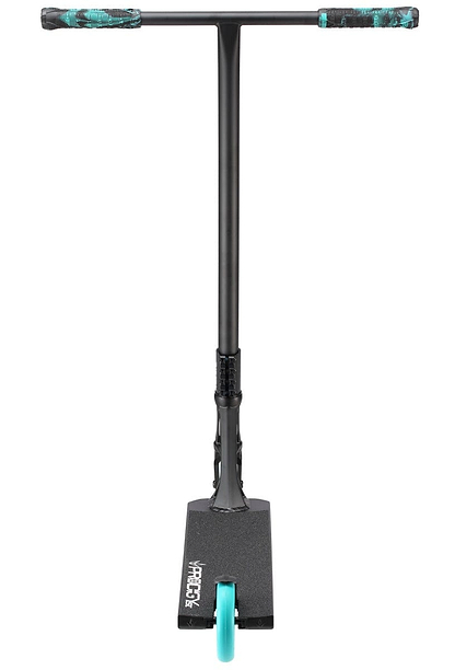 Introducing the Blunt Envy Prodigy X Street Edition Complete Stunt Scooter in Black: This sleek kick scooter showcases a captivating front view with an aqua and black handle grip combination, boasting the advanced Prodigy technology for an exceptionally smooth ride. It features a singular visible front wheel and is equipped with an Extech extrusion-textured PX Street deck.