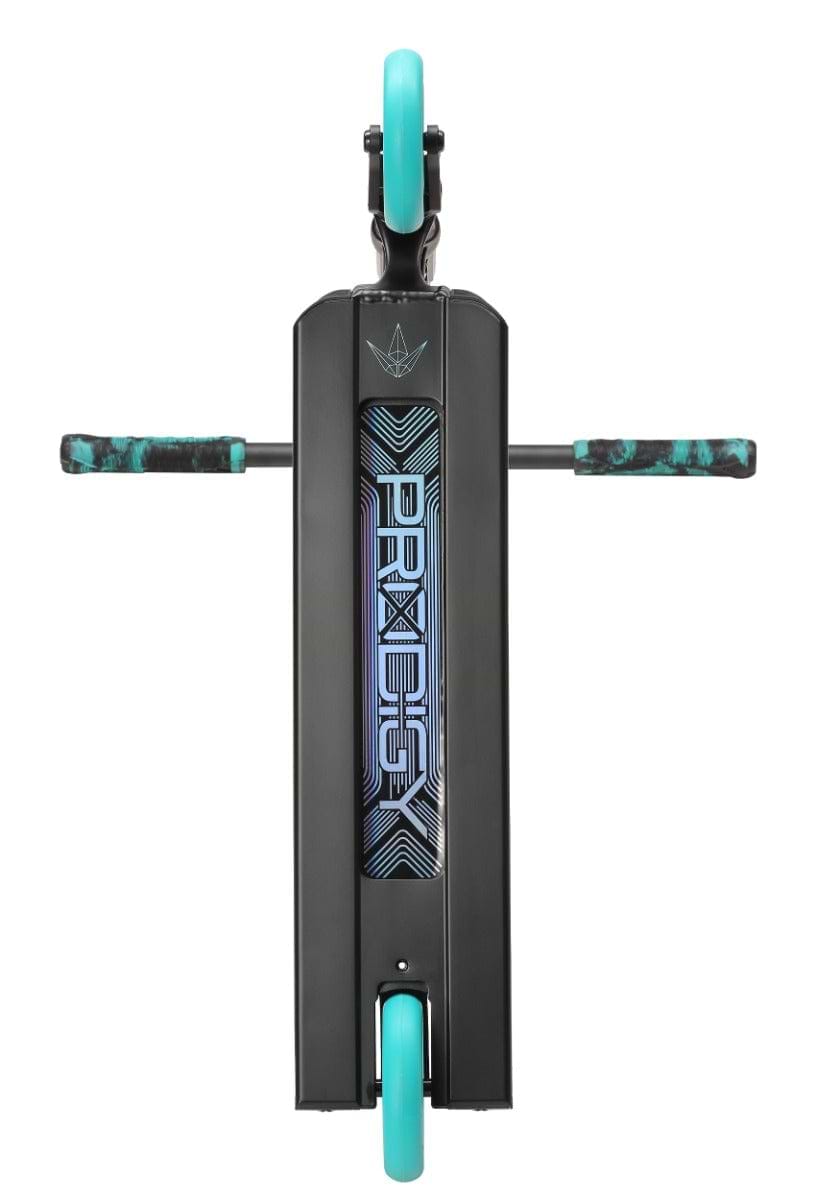 A top view of the Blunt Envy Prodigy X Street Edition Complete Stunt Scooter in black and turquoise shows off its sleek design and extended handlebars. The deck, adorned with "PRIME" in a futuristic font, enhances the scooter's modern aesthetic, while the turquoise wheels add a stylish touch. Featuring Prodigy technology, it ensures enhanced performance on every ride.