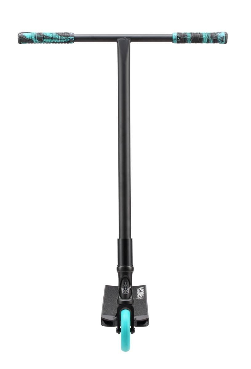 Introducing the Blunt Envy Prodigy X Street Edition Complete Stunt Scooter in Black, equipped with advanced Prodigy technology. It showcases teal and black handle grips and a teal front wheel, along with a T-shaped handlebar and an elegant PX Street deck for superior performance.