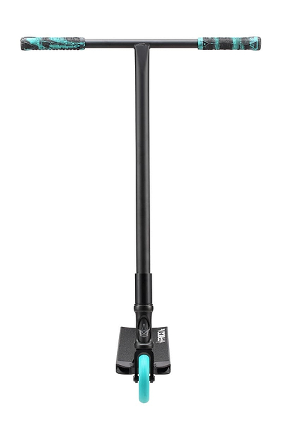 Introducing the Blunt Envy Prodigy X Street Edition Complete Stunt Scooter in Black, equipped with advanced Prodigy technology. It showcases teal and black handle grips and a teal front wheel, along with a T-shaped handlebar and an elegant PX Street deck for superior performance.