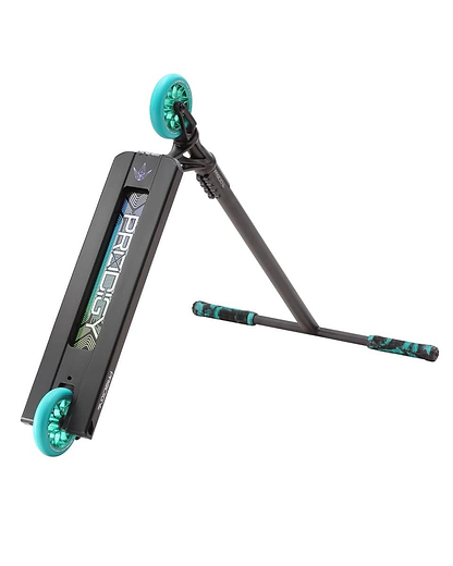 The Blunt Envy Prodigy X Street Edition Complete Stunt Scooter in black is flipped upside down, highlighting its X Street deck equipped with two teal wheels. The deck boasts a futuristic design featuring the word "PRODIGY." The handlebars have black grips with teal accents, showcasing innovative Prodigy technology.