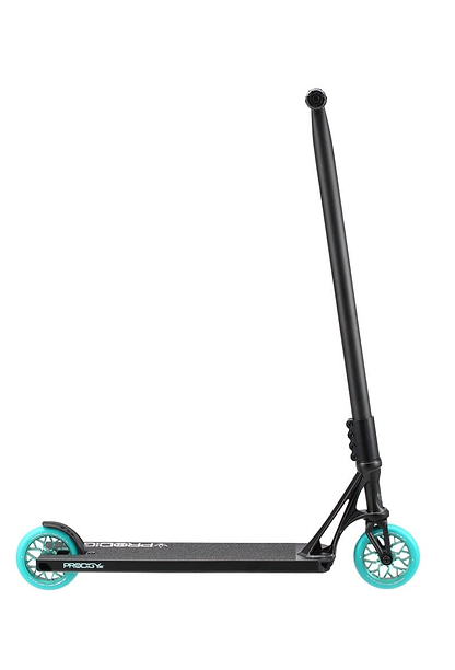The Blunt Envy Prodigy X Street Edition Complete Stunt Scooter - Black is showcased against a plain white background. This sleek design features the PX Street deck and Prodigy technology, along with teal wheels and a black handlebar.
