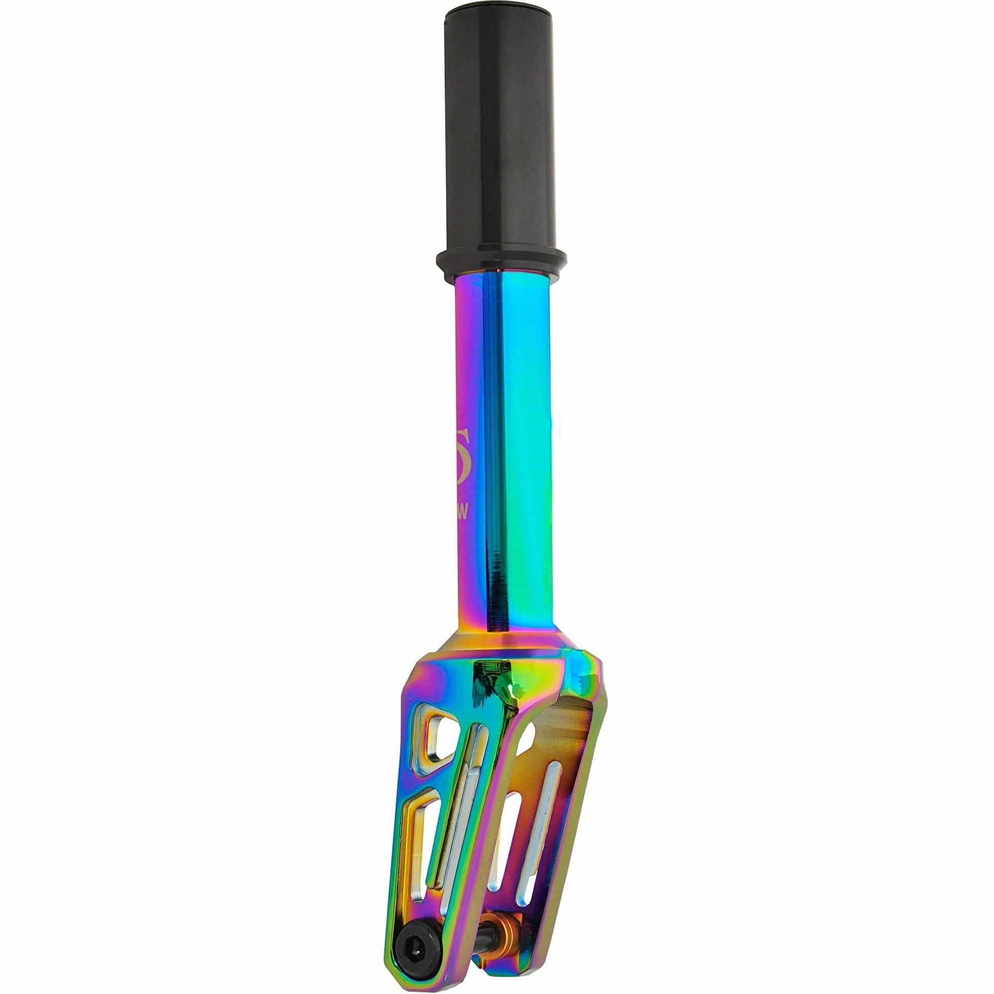 The Oath Shadow IHC Stunt Scooter Fork in Neochrome showcases a multicolored, metallic finish that elegantly shifts through blue, green, and purple tones. Its sleek design includes a cylindrical top paired with cutouts at the bottom. The enhanced stability is attributed to its fatter core design, while excellent corrosion resistance is ensured throughout.