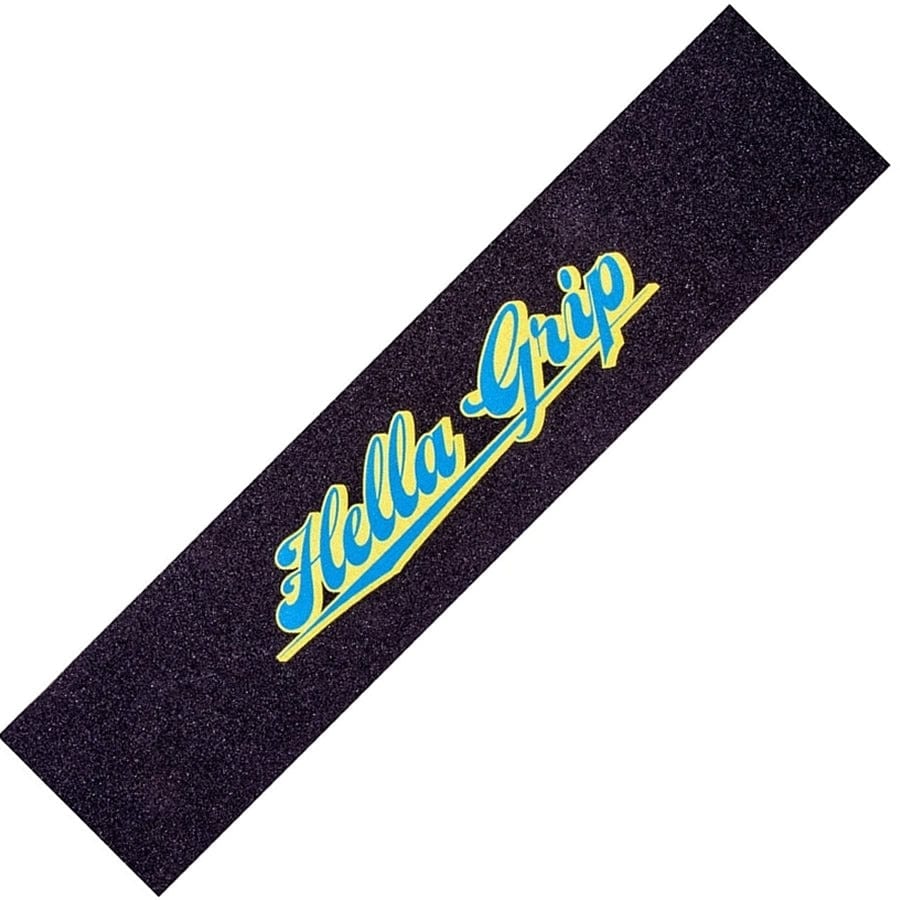 The Hella Grip Classic Stunt Scooter Griptape - Blue is a rectangular black grip tape that displays the words "Hella Grip" in yellow, outlined in blue, across the center. It is crafted with durable silicone carbide and comes with a weatherproof adhesive for long-lasting performance.