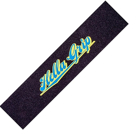 The Hella Grip Classic Stunt Scooter Griptape - Blue is a rectangular black grip tape that displays the words "Hella Grip" in yellow, outlined in blue, across the center. It is crafted with durable silicone carbide and comes with a weatherproof adhesive for long-lasting performance.
