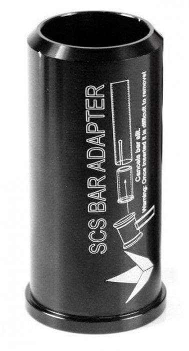 The Blunt Envy SCS Scooter Bar Adapter - Oversized is a stylish black cylindrical adapter with white text designed for converting bar systems. It fits seamlessly onto HIC bars or oversized internal diameter bars and includes a detailed illustration showing the adapter securely attached to any compatible bar.