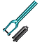 The Blunt Envy SOB V3 IHC Stunt Scooter Forks in teal appear alongside a black cylindrical compression system. These forks, with their sleek and curved design, offer a distinctive shape, while the compression system is enhanced with ridges for improved functionality.