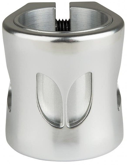 The Blazer Pro Altus 2 Bolt Oversized Stunt Scooter Clamp in silver is a metal cylinder with a curved opening at the top and a threaded interior, designed as an ideal Atlus clamp. It includes two symmetrical, curved cutouts on the front side, making it perfect for seamlessly integrating Black scooter parts.