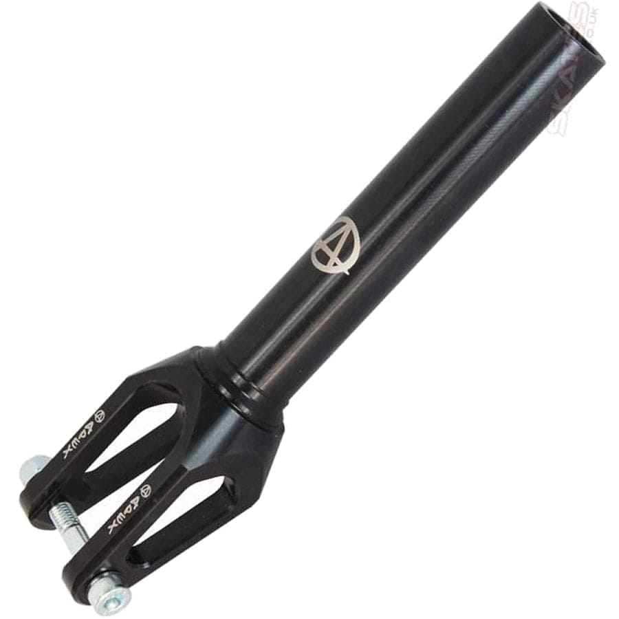 The Apex Quantum SCS/HIC Stunt Scooter Forks - Black, produced by Apex, boast a sleek tubular design with a prominent logo on the side. This durable scooter fork upgrade includes two screw holes for easy attachment and is displayed against a clean white background.