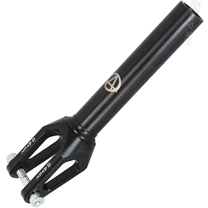 The Apex Quantum SCS/HIC Stunt Scooter Forks - Black, produced by Apex, boast a sleek tubular design with a prominent logo on the side. This durable scooter fork upgrade includes two screw holes for easy attachment and is displayed against a clean white background.