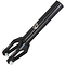 The Apex Quantum SCS/HIC Stunt Scooter Forks - Black, produced by Apex, boast a sleek tubular design with a prominent logo on the side. This durable scooter fork upgrade includes two screw holes for easy attachment and is displayed against a clean white background.