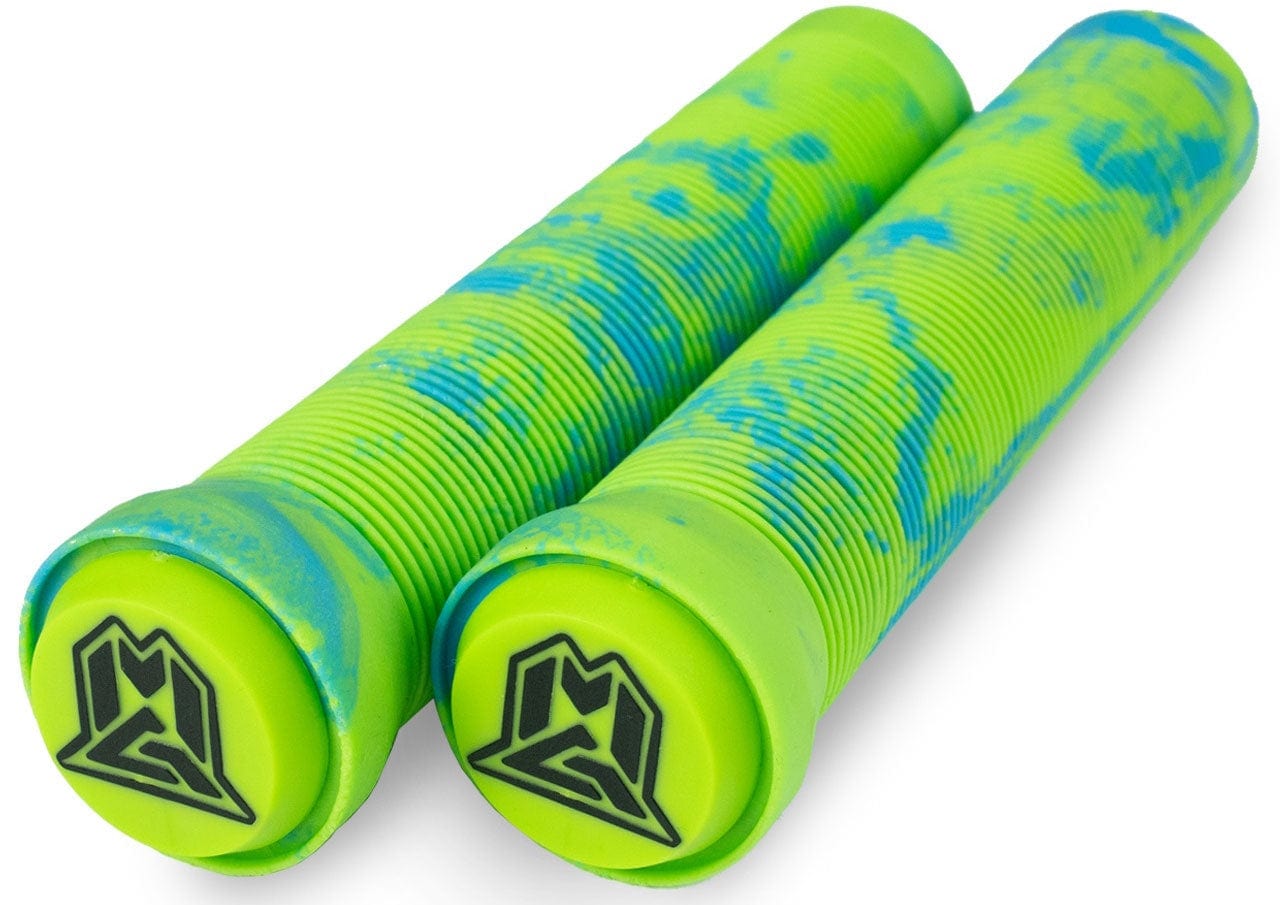 A pair of Madd Gear MGP Swirls Grind Blue / Green Stunt Scooter Grips, each measuring 150mm and displaying a vibrant green color with blue speckles, highlighted by a black and green logo at the ends. These grips feature a ribbed design for enhanced hold, making them perfect for scooters to ensure optimal control and comfort.