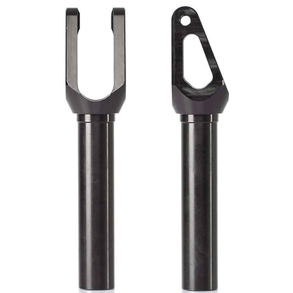 Displayed against a white background, two black Apex Quantum SCS/HIC Stunt Scooter Forks from the Apex brand are positioned side by side. The fork on the left showcases a durable U-shaped design, while the one on the right has an angled cutout. Both forks feature cylindrical bases.