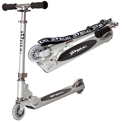 The JD Bug Original Street MS130B Foldable Kick Scooter in Matt Silver features black foam handles and a non-slip footboard. It offers two forms: folded with a carry strap for easy transport and unfolded, ready for use.
