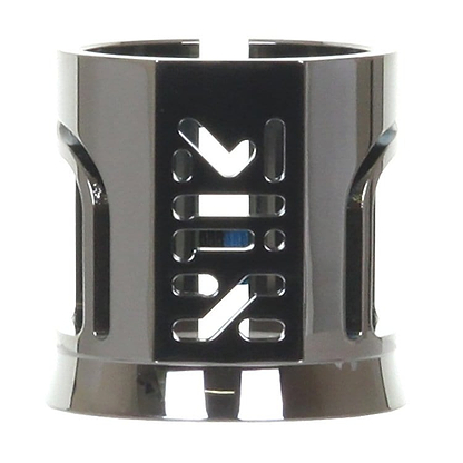 The Madd Gear MGP MFX X2 Cobra 2 Bolt Oversized Stunt Scooter Clamp in Chrome, crafted from T6 aluminium alloy with cut-out geometric designs and vertical grooves, stands upright against a white background.