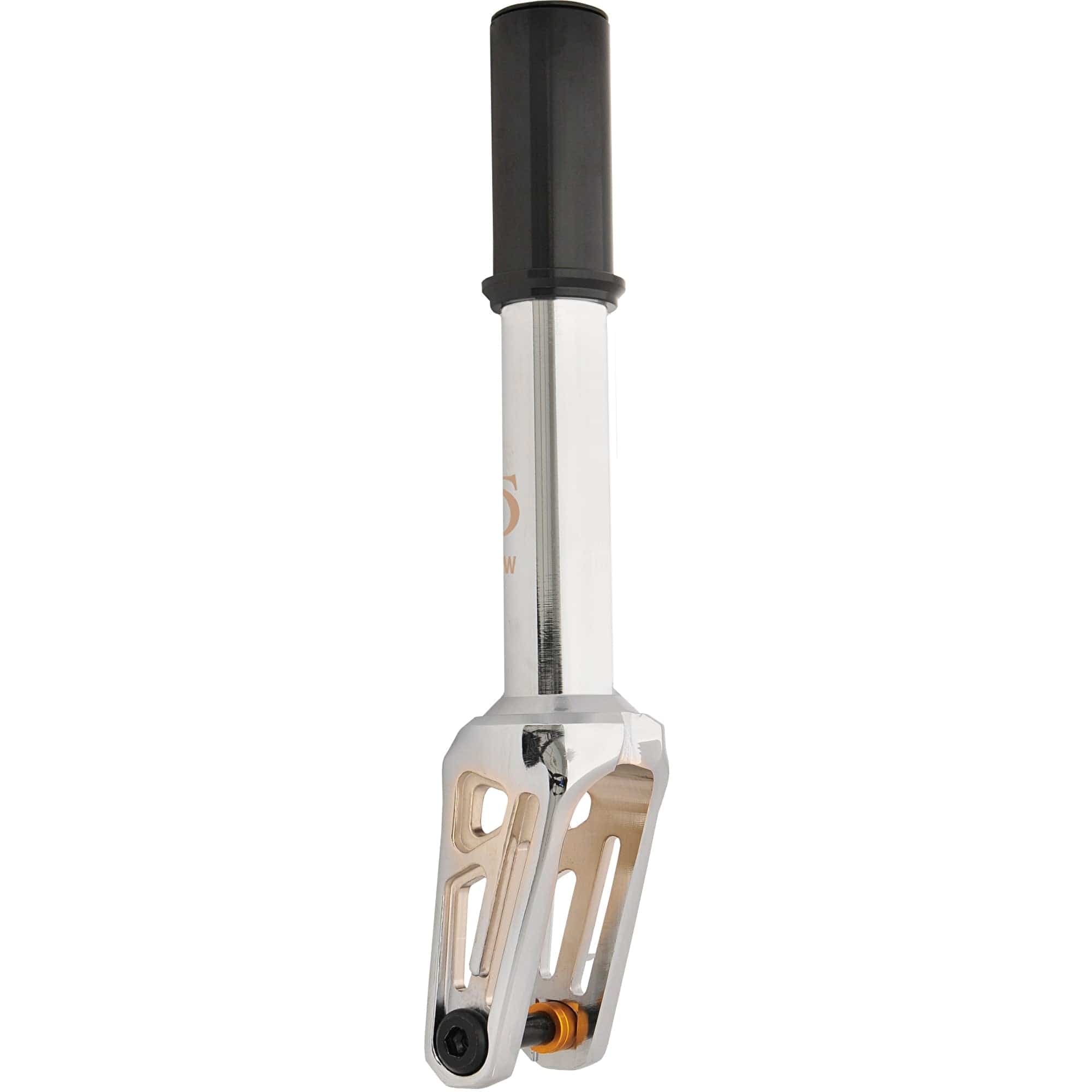The Oath Shadow IHC Stunt Scooter Fork in Neo Silver is a sleek silver and black metal tool with a fatter core design for enhanced durability.