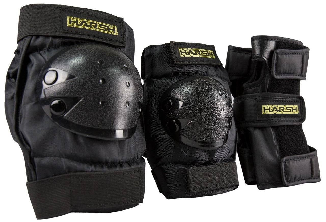 Displayed are three items from the Harsh Little Shredder 3 Piece Combo Skate Protection Pad Set in black, featuring two knee pads with hard outer shells and one wrist guard. They come with adjustable Velcro straps and prominently display the "Harsh" logo, making them a leading choice for children’s protective gear.