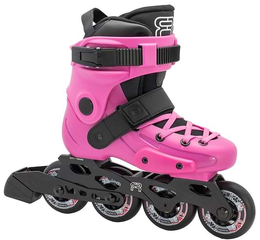 Introducing the FR Skates Junior Adjustable Inline Skates - Pink, perfect for aspiring freeriders. These stylish pink skates are equipped with black wheels and a secure black adjustable strap. Designed with Extruded Aluminium X-Series Frames by FR Skates, they provide excellent ankle support and come with laces and additional buckles for optimal safety.