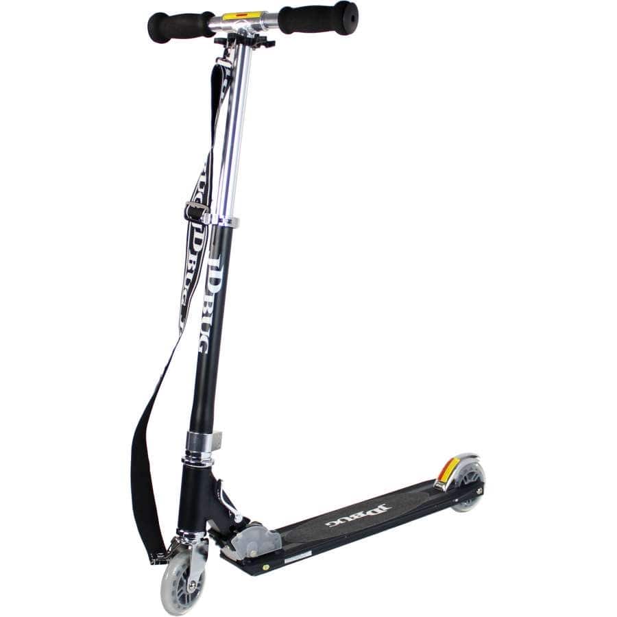 The JD Bug Original Street MS130B Foldable Kick Scooter in Matt Black features a sleek platform, foam handlebars, sturdy wheels, and a carrying strap. This lightweight scooter prominently displays the JD Bug brand name on the front and side.