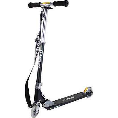 The JD Bug Original Street MS130B Foldable Kick Scooter in Matt Black features a sleek platform, foam handlebars, sturdy wheels, and a carrying strap. This lightweight scooter prominently displays the JD Bug brand name on the front and side.