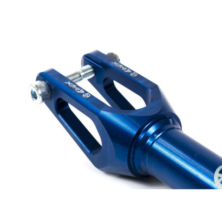 Close-up of a blue metal bicycle seat post clamp with a bolt, showcasing cut-out sections and a sleek design, ideal for anyone looking to upgrade to the durable Apex Quantum SCS/HIC Stunt Scooter Forks in Blue.
