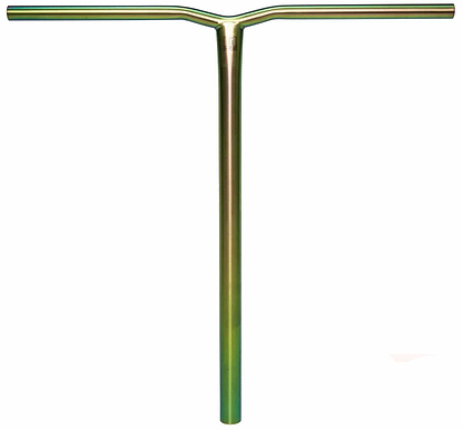 Introducing the Madd Gear MGP MFX BAMF Titanium Oversized SCS Stunt Scooter Bar in stunning Neochrome, measuring 660mm x 660mm. These bars feature a shiny, iridescent finish that enhances their sleek, simple design on a white background. Precision-crafted from Grade 9 Titanium for unbeatable strength and style, they are engineered to elevate your scooter performance to new heights.