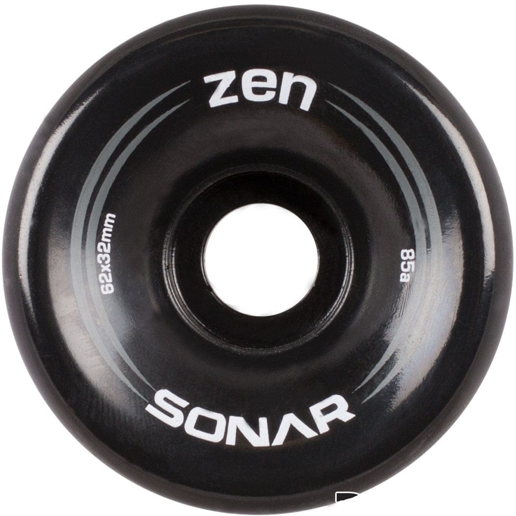 A close-up features a black Radar Sonar Zen 85A quad skate wheel showcasing the brand name "SONAR" and model "zen" in white text. The dimensions "62x32mm" and hardness rating "85a" are clearly visible on this budget-friendly outdoor wheel, which impresses with its sleek design accented by subtle gray lines—ideal for all your outdoor recreational activities.
