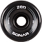 A close-up features a black Radar Sonar Zen 85A quad skate wheel showcasing the brand name "SONAR" and model "zen" in white text. The dimensions "62x32mm" and hardness rating "85a" are clearly visible on this budget-friendly outdoor wheel, which impresses with its sleek design accented by subtle gray lines—ideal for all your outdoor recreational activities.