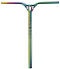 Introducing the Blunt Envy Reaper V3 Aluminium IHC Stunt Scooter Bars in Oil Slick Neochrome: a rainbow-colored handlebar with a sleek, metallic finish. This T-shaped scooter bar features a central column and two horizontal grips, showcasing a multicolored gradient that seamlessly blends shades of green, pink, and blue. Its dimensions are 675mm x 580mm.