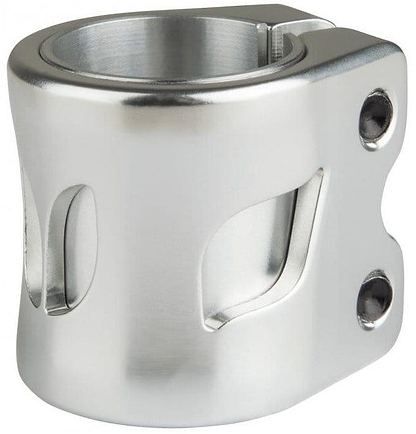 The Blazer Pro Altus 2 Bolt Oversized Stunt Scooter Clamp in silver is a metal component designed with two bolt holes and a cylindrical opening. Its sleek finish and rounded edges make it ideal for securing or joining cylindrical objects in Black scooter parts, especially compatible with IHC and HIC compression systems.