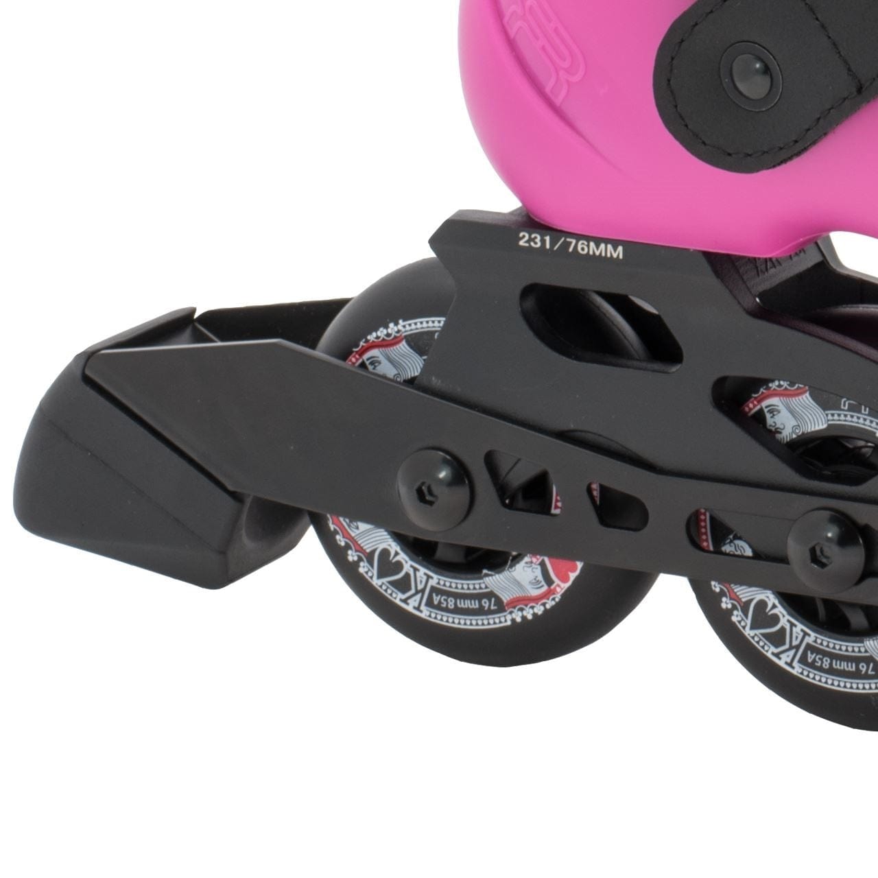 Close-up of the FR Skates Junior Adjustable Inline Skates - Pink, showcasing a pink boot with black accents and three wheels marked "231/76MM." These Freeriders skates feature red and white elements on the wheels and are ideal for junior adjustable inline skating with their extruded aluminium X-Series frames.
