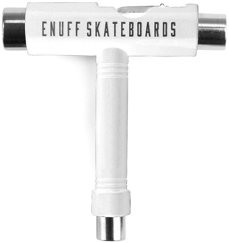 The Enuff Essential Skateboard Multi T-Tool - White is a versatile maintenance tool featuring a sleek T-shaped design, with sockets on each end and a robust handle. The top bar prominently showcases "ENUFF SKATEBOARDS," making it an essential accessory for skateboarders.
