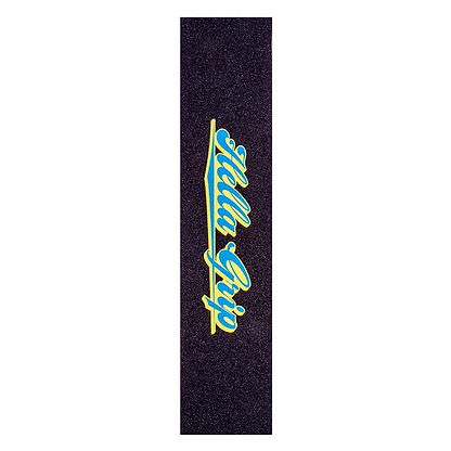 The Hella Grip Classic Stunt Scooter Griptape in blue is created with silicone carbide, features a weatherproof adhesive, and displays a yellow and blue "Hella Grip" script logo at the center.